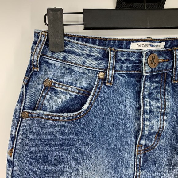 One Teaspoon Denim Skirt Blue Button Fly Pencil Fray High Waist - Picture 2 of 13